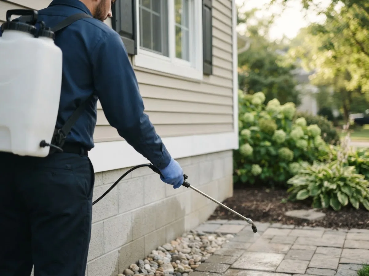 Pest control technician inspecting a home in Ratliff City, OK